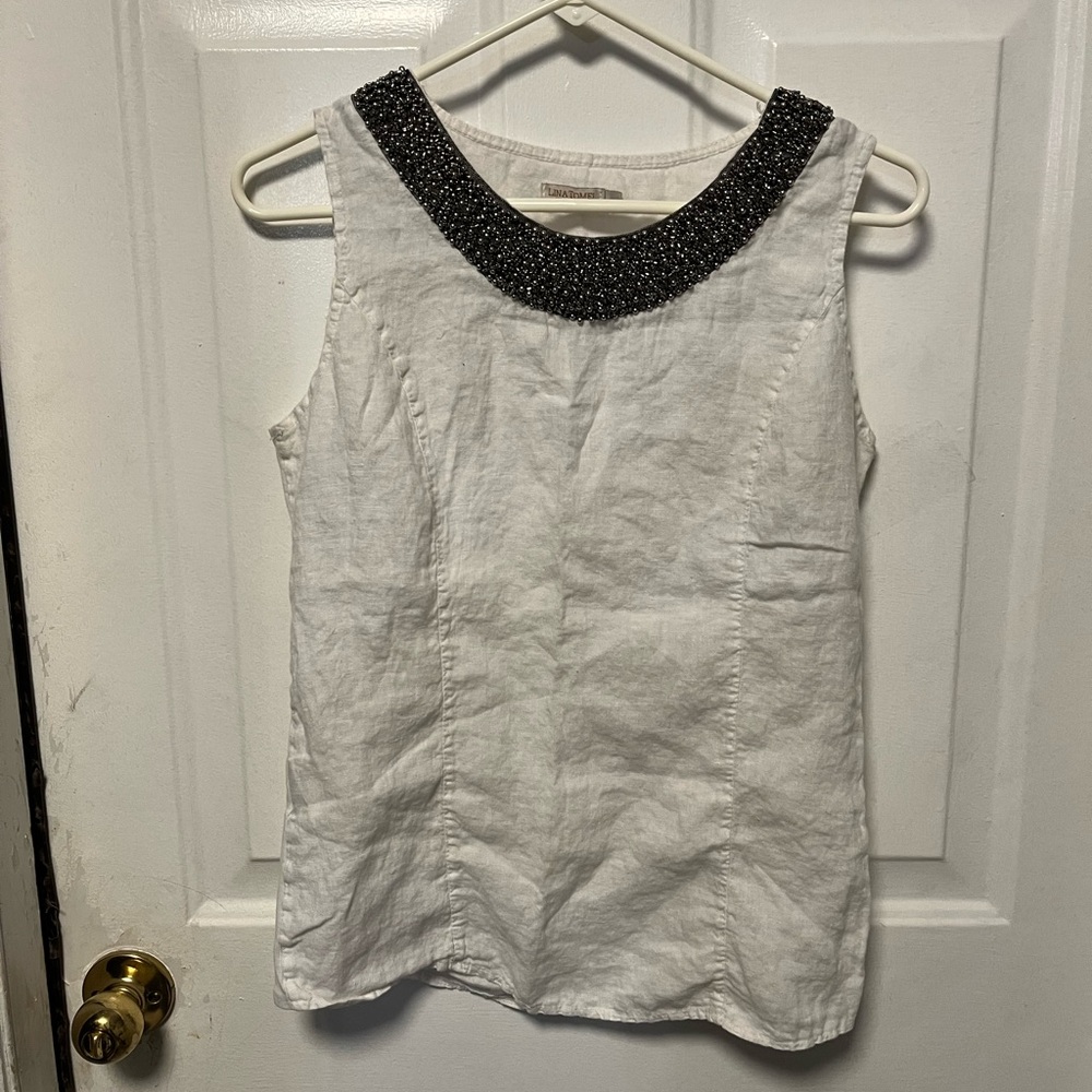 Lina Tomei White linen Top with Black Beaded Collar
